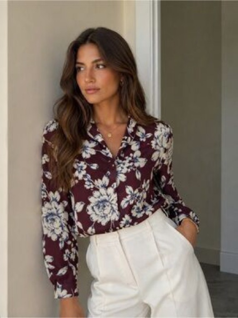 Button-Front Floral Blouse in Burgundy